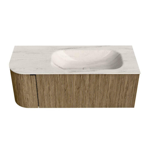 MONDIAZ KURVE-DLUX Meuble de salle de bains 115cm arrondi à gauche couleur Dusk avec 1 tiroir et 1 porte. Lavabo BIG SMALL à droite 1 trou de robinet Meli. SW1431877