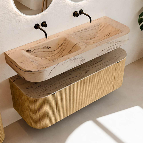 MONDIAZ THOR-DLUX 130cm meuble de salle de bains arrondi gauche + droite couleur Oak avec 1 tiroir et 2 portes. Vasque suspendue CLOUD Double sans trou de robinet couleur Arena. SW1463750