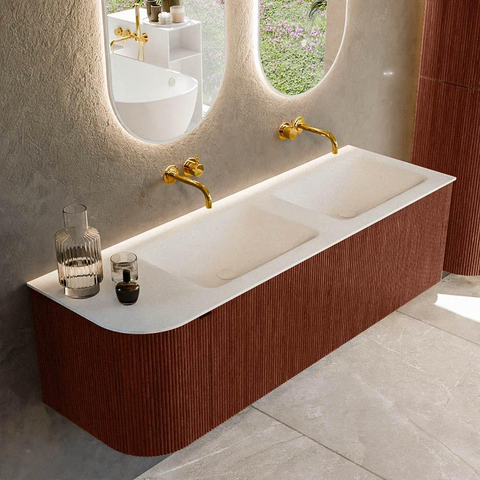 Mondiaz KURVE Ensemble meuble de salle de bains - 145x46x40cm - 1 tiroir - 1 porte - lavabo solid surface - double / droite - sans trou de robinet - Ruby SW1415314