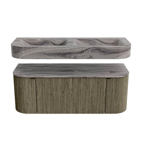 MONDIAZ THOR-DLUX 120cm meuble de salle de bains arrondi gauche + droite couleur Shadow avec 1 tiroir et 2 portes. Vasque suspendue CLOUD Double sans trou de robinet couleur Sombra. SW1463669