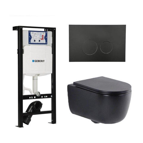 QeramiQ Dely Swirl Pack WC - 36.3x51.7cm - réservoir encastré Geberit UP320 - abattant mince - plaque de commande en métal noir mat - boutons ronds - noir mat SW1413311