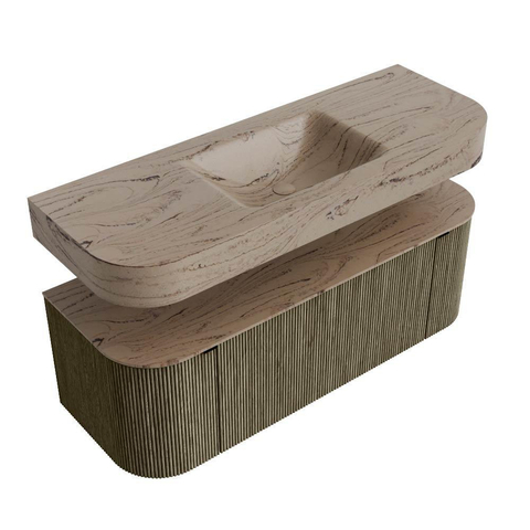 MONDIAZ THOR-DLUX 130cm meuble de salle de bains arrondi gauche + droite couleur Shadow avec 1 tiroir et 2 portes. Vasque suspendue CLOUD Milieu sans trou de robinet couleur Arena. SW1463856