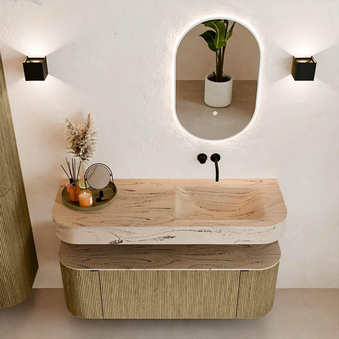 MONDIAZ THOR-DLUX 130cm meuble de salle de bains arrondi gauche + droite couleur Dusk avec 1 tiroir et 2 portes. Vasque suspendue CLOUD Droite sans trou de robinet couleur Arena. SW1463792