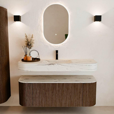 MONDIAZ THOR-DLUX 130cm badmeubel ronding links + rechts kleur Walnut met 1 lade en 2 deuren. Vrijhangende wastafel CLOUD Midden 1 kraangat kleur Nata. SW1463839
