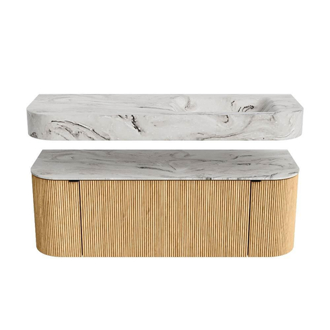 MONDIAZ THOR-DLUX 130cm meuble de salle de bains arrondi gauche + droite couleur Oak avec 1 tiroir et 2 portes. Vasque suspendue CLOUD Droite 1 trou de robinet couleur Glace. SW1463556
