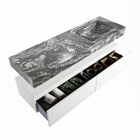 Mondiaz ALAN-DLUX Ensemble de meuble - 150cm - meuble - Talc mat - 2 tiroirs - Lavabo Cloud Lava suspendu - vasque droite - 0 trous de robinet - Noir SW807851