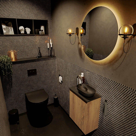 Mondiaz Fowy meuble de toilette - 40x50x23cm - chêne blanchi mat - 1 trou de robinet - lavabo à droite - 1 porte - solid surface - plan Mélamine - lavabo : noir SW761435