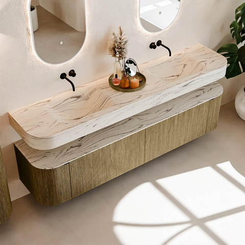 MONDIAZ THOR-DLUX 200cm meuble de salle de bains arrondi gauche + droite couleur Dusk avec 2 tiroirs et 2 portes. Vasque suspendue CLOUD Double sans trou de robinet couleur Nata. SW1467153