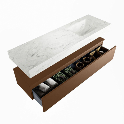 Mondiaz ALAN-DLUX Ensemble de meuble - 150cm - meuble Rust mat - 1 tiroir - Lavabo Cloud Opalo suspendu - vasque Droite - 0 trous de robinet SW806695