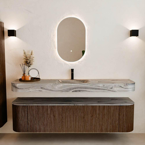 MONDIAZ THOR-DLUX 180cm badmeubel ronding links + rechts kleur Walnut met 2 lades en 2 deuren. Vrijhangende wastafel CLOUD Midden 1 kraangat kleur Sombra. SW1466274