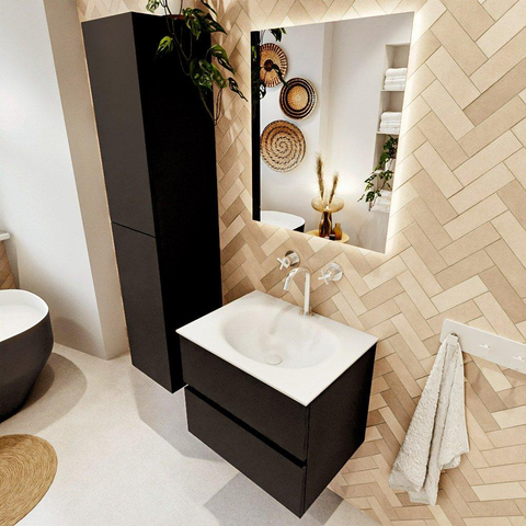 MONDIAZ VICA meuble sous lavabo 60cm Urban 2 tiroirs. Lavabo MOON centre 1 trou de robinet, couleur Talc. SW1381815