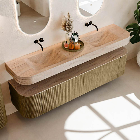 MONDIAZ THOR-DLUX 190cm meuble de salle de bains arrondi gauche + droite couleur Dusk avec 2 tiroirs et 2 portes. Vasque suspendue CLOUD Double sans trou de robinet couleur Saba. SW1466673