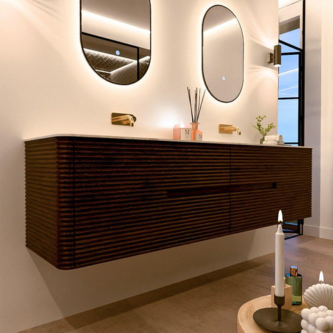 Mondiaz CIRO-DLUX Meuble de salle de bains ensemble - 190x45x50cm - lavabo solid surface Ostra - 2 vasques double - sans trous de robinet - 4 tiroirs - Noyer SW1530425