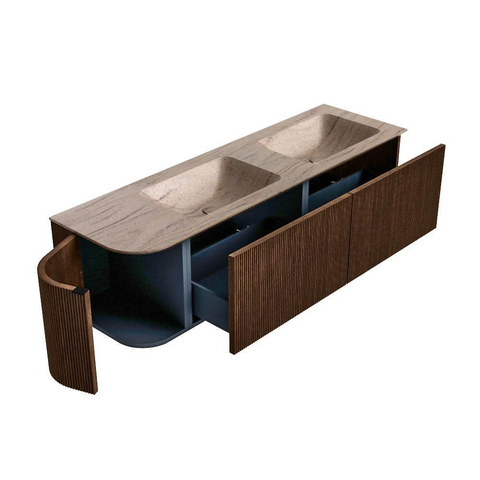 MONDIAZ KURVE-DLUX 155cm badmeubel ronding Links kleur Walnut met 2 lades en 1 deur. Wastafel LEAF Dubbel / Rechts zonder kraangat Saba. SW1433215