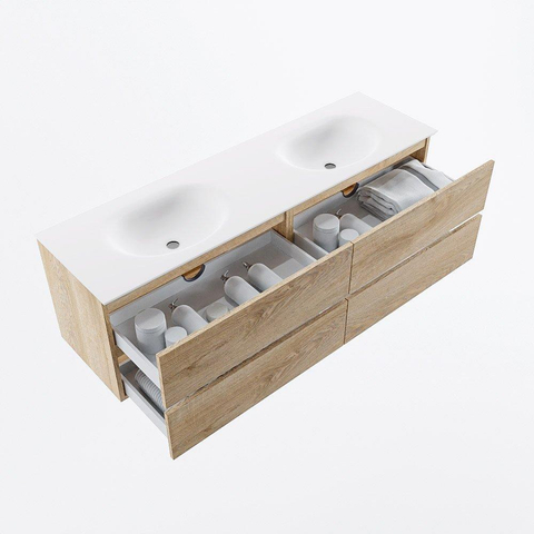 MONDIAZ Vica Ensemble meuble de salle de bains - 160cm - meuble bas chêne blanchi - 4 tiroirs - lavabo moon double - 2 trous de robinet - version hauteur 60cm - talc SW1082247
