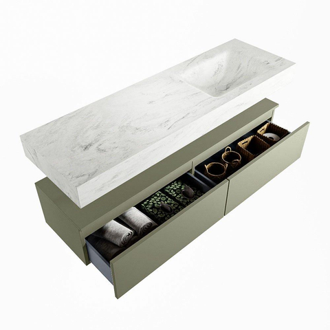 Mondiaz ALAN-DLUX Ensemble de meuble - 150cm - meuble Army mat - 2 tiroirs - Lavabo Cloud Opalo suspendu - vasque Droite - 1 trou de robinet SW807039