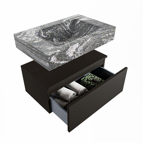 Mondiaz ALAN-DLUX Ensemble de meuble - 70cm - meuble - Urban mat - 1 tiroir - Lavabo Cloud Lava suspendu - vasque Centre - 1 trou de robinet - Noir SW807863