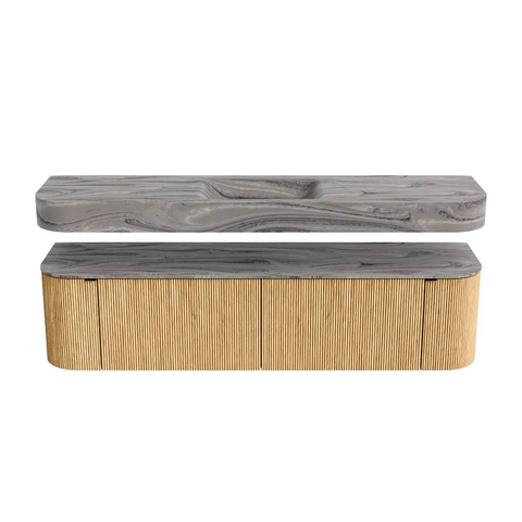 MONDIAZ THOR-DLUX 180cm meuble de salle de bains arrondi gauche + droite couleur Oak avec 2 tiroirs et 2 portes. Vasque suspendue CLOUD Centre sans trou de robinet couleur Sombra. SW1467731