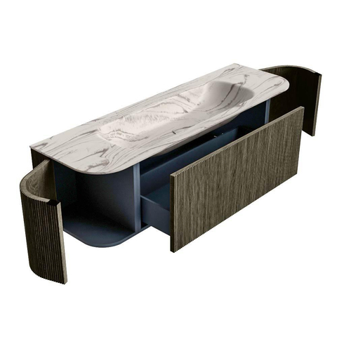 MONDIAZ KURVE-DLUX 150cm badmeubel ronding Links + Rechts kleur Shadow met 1 lade en 2 deuren. Wastafel BIG MEDIUM Midden zonder kraangat Nata. SW1432318
