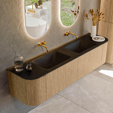 MONDIAZ KURVE meuble de salle de bains 180 cm avec module 25 Len R couleur Chêne avec 2 tiroirs et 2 portes. Lavabo CLOUD double sans trou de robinet Urban. SW1138394