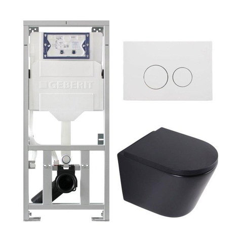 QeramiQ Dely Toiletset - 36.3x51.7cm - diepspoel - rimless - Geberit UP320 inbouwreservoir - softclose toilet zitting - 35mm - mat witte bedieningsplaat - ronde knoppen - mat zwart SW1235428