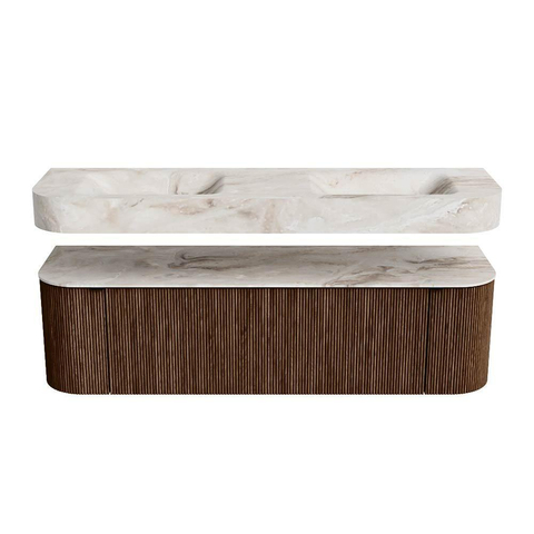 MONDIAZ THOR-DLUX 160cm meuble de salle de bains arrondi gauche + droite couleur Walnut avec 1 tiroir et 2 portes. Vasque suspendue CLOUD Double 2 trous de robinet couleur Frappe. SW1465023