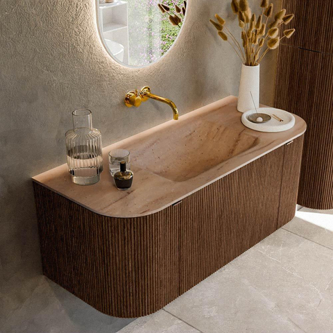 MONDIAZ KURVE-DLUX 110cm badmeubel ronding Links + Rechts kleur Walnut met 1 lade en 2 deuren. Wastafel CLOUD Midden zonder kraangat Saba. SW1433143