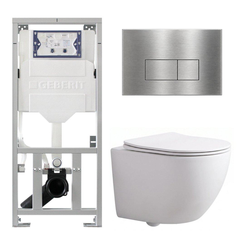 QeramiQ Dely Swirl Compact Toiletset - inbouwreservoir Geberit UP320 - met Burda frame - slim zitting - metalen bedieningsplaat RVS - rechthoekige knoppen - mat wit SW1595638