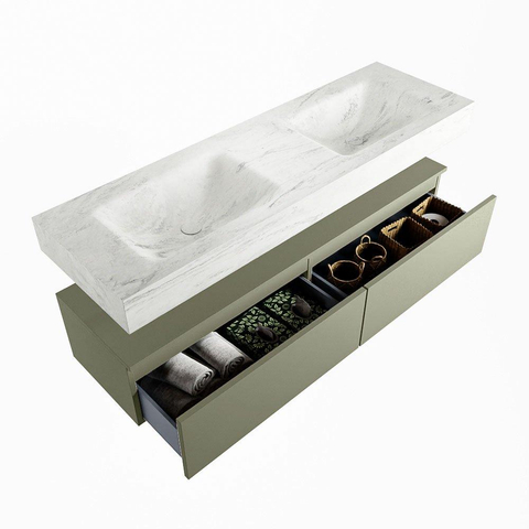 Mondiaz ALAN-DLUX Ensemble de meuble - 150cm - meuble Army mat - 2 tiroirs - Lavabo Cloud Opalo suspendu - vasque Gauche et droite - 0 trous de robinet SW807154