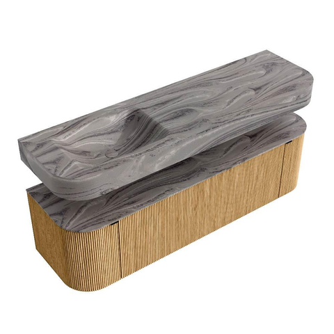 MONDIAZ THOR-DLUX 160cm meuble de salle de bains arrondi gauche + droite couleur Oak avec 1 tiroir et 2 portes. Vasque suspendue CLOUD Gauche sans trou de robinet couleur Sombra. SW1465361