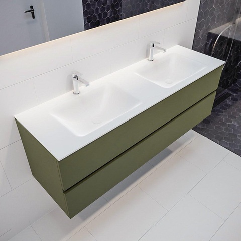 ENSEMBLE DE MEUBLE MONDIAZ VICA - 150cm - 2 tiroirs - lavabo Cloud double - 2 trous de robinet - solid surface army SW410187