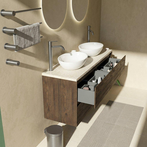 Saniclass Holz Pure Badkamermeubelset - 140x45x63cm - Travertine natuurstenen topblad - 2 kraangaten - 4 lades - mat eiken charcoal (hout) SW1478904