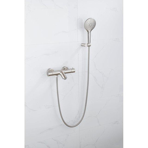 Fortifura Calvi Thermostatische badkraan - met ronde handdouche handdouchehouder en - metalen doucheslang - PVD - geborsteld RVS SW811980
