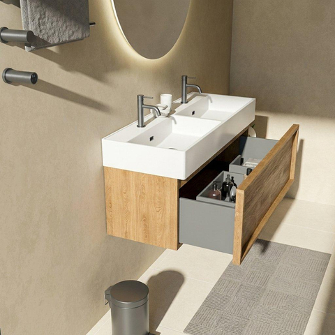 Saniclass Holz Frame Badkamermeubelset - 120x45x52cm - Legend keramische wastafel mat wit - 2 wasbakken - 2 kraangaten - 1 lade - mat eiken natural (hout) SW1579674