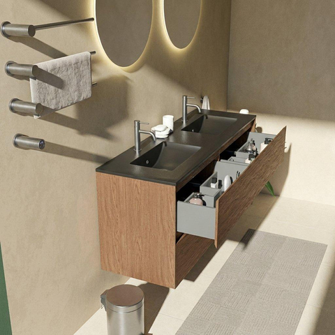 Saniclass Holz Pure Badkamermeubelset - 140x45x62cm - Vygo keramische wastafel zwart - 2 wasbakken - 2 kraangaten - 4 lades - mat walnut pure (hout) SW1479013