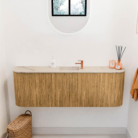Mondiaz JOYA-DLUX 123.2cm toiletmeubel - ronding links en rechts kleur Oak - Wastafel FAYE positie Midden 1 kraangat kleur Frappe. SW1421966