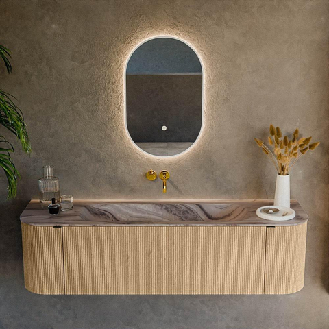 MONDIAZ KURVE-DLUX 160cm badmeubel ronding Links + Rechts kleur Oak met 1 lade en 2 deuren. Wastafel BIG MEDIUM Midden zonder kraangat Sombra. SW1433568
