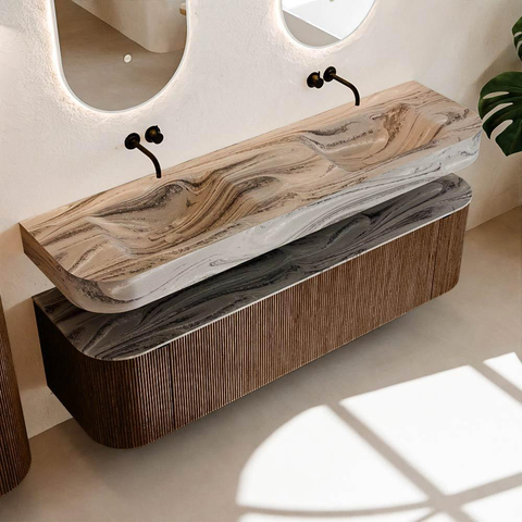 MONDIAZ THOR-DLUX 170cm badmeubel ronding links + rechts kleur Walnut met 1 lade en 2 deuren. Vrijhangende wastafel CLOUD Dubbel zonder kraangat kleur Sombra. SW1465870