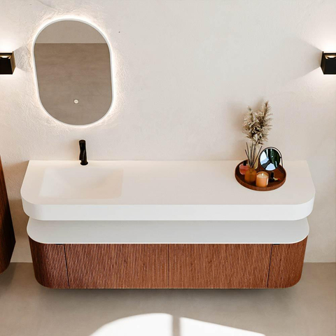 MONDIAZ THOR 180cm meuble de salle de bains arrondi gauche + droite couleur Ruby avec 2 tiroirs et 2 portes. Vasque suspendue CLOUD Gauche 1 trou de robinet couleur Talc. SW1466028