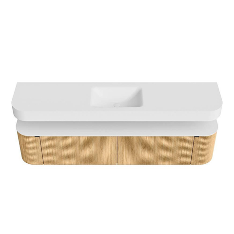 MONDIAZ THOR 200cm meuble de salle de bains arrondi gauche + droite couleur Oak avec 2 tiroirs et 2 portes. Vasque suspendue CLOUD Milieu 1 trou de robinet couleur Talc. SW1466932