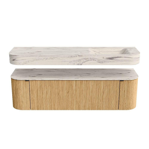 MONDIAZ THOR-DLUX 160cm meuble de salle de bains arrondi gauche + droite couleur Oak avec 1 tiroir et 2 portes. Vasque suspendue CLOUD Droite 1 trou de robinet couleur Nata. SW1465263