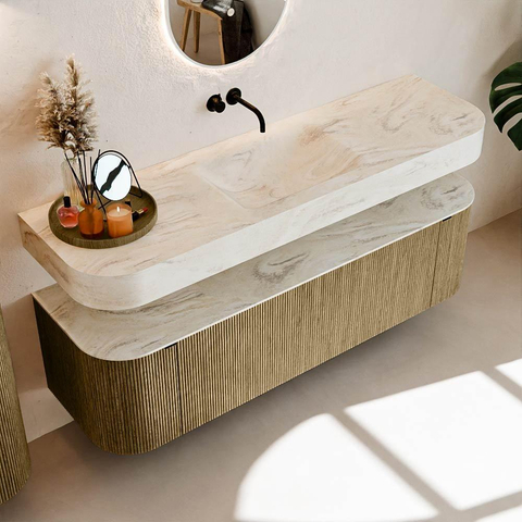 MONDIAZ THOR-DLUX 160cm meuble de salle de bains arrondi gauche + droite couleur Dusk avec 1 tiroir et 2 portes. Vasque suspendue CLOUD Centre sans trou de robinet couleur Ostra. SW1465182