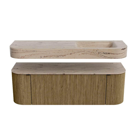 MONDIAZ THOR-DLUX 140cm meuble de salle de bains arrondi gauche + droite couleur Dusk avec 1 tiroir et 2 portes. Vasque suspendue CLOUD Droite 1 trou de robinet couleur Arena. SW1464365