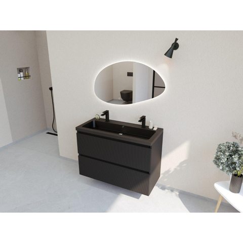 H&R Badmeubelen Infinity XXL 3D Badkamermeubelset - 100 cm - 1 keramische wasbak djazz mat zwart - 2 kraangaten - 2 lades - mat zwart SW863473