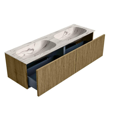 MONDIAZ KURVE-DLUX meuble de salle de bains 150cm couleur Dusk avec 2 tiroirs et 0 portes. Lavabo STOR SMALL Double 2 trous de robinet Nata. SW1432440