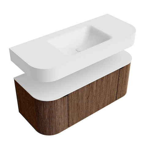 MONDIAZ THOR Meuble de salle de bains 110cm arrondi gauche + droite couleur Walnut avec 1 tiroir et 2 portes. Vasque suspendue CLOUD Milieu 1 trou de robinet couleur Talc. SW1462755