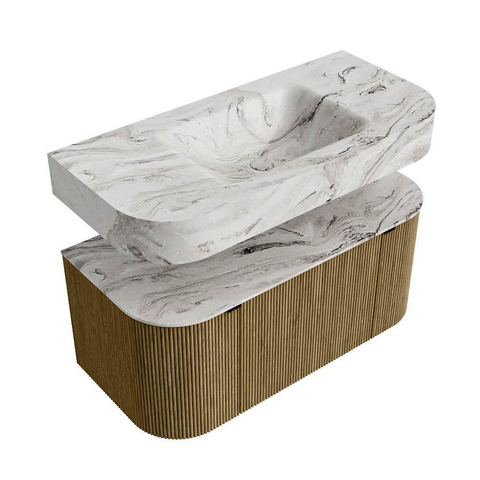 MONDIAZ THOR-DLUX 100cm meuble de salle de bains arrondi gauche + droite couleur Dusk avec 1 tiroir et 2 portes. Vasque suspendue CLOUD Milieu sans trou de robinet couleur Glace. SW1467400
