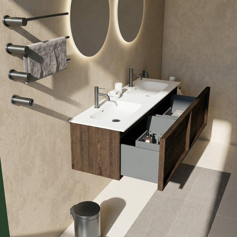 Saniclass Holz Frame Badkamermeubelset - 140x45x41.5cm - Flow solid surface wastafel wit - 2 wasbakken - 2 kraangaten - 2 lades - mat eiken charcoal (hout) SW1478437