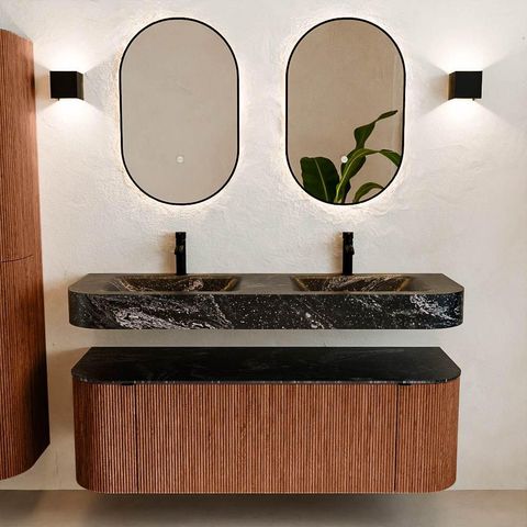 MONDIAZ THOR-DLUX Meuble de salle de bains 140cm arrondi gauche + droite couleur Ruby avec 1 tiroir et 2 portes. Vasque suspendue CLOUD Double 2 trous de robinet couleur Lava. SW1464083