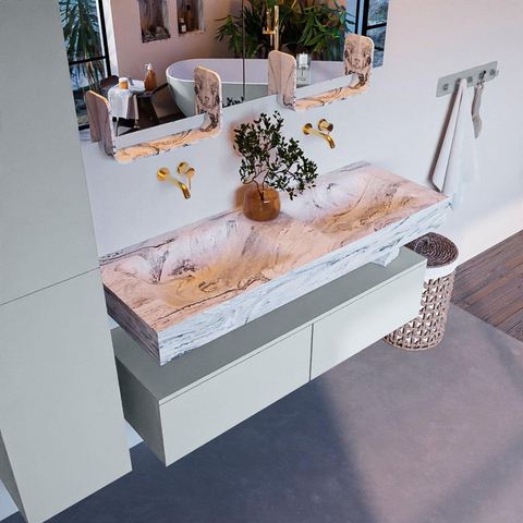 Mondiaz ALAN-DLUX Ensemble de meuble - 130cm - meuble Clay mat - 2 tiroirs - Lavabo Cloud Glace suspendu - vasque Gauche et droite - 0 trous de robinet SW806278